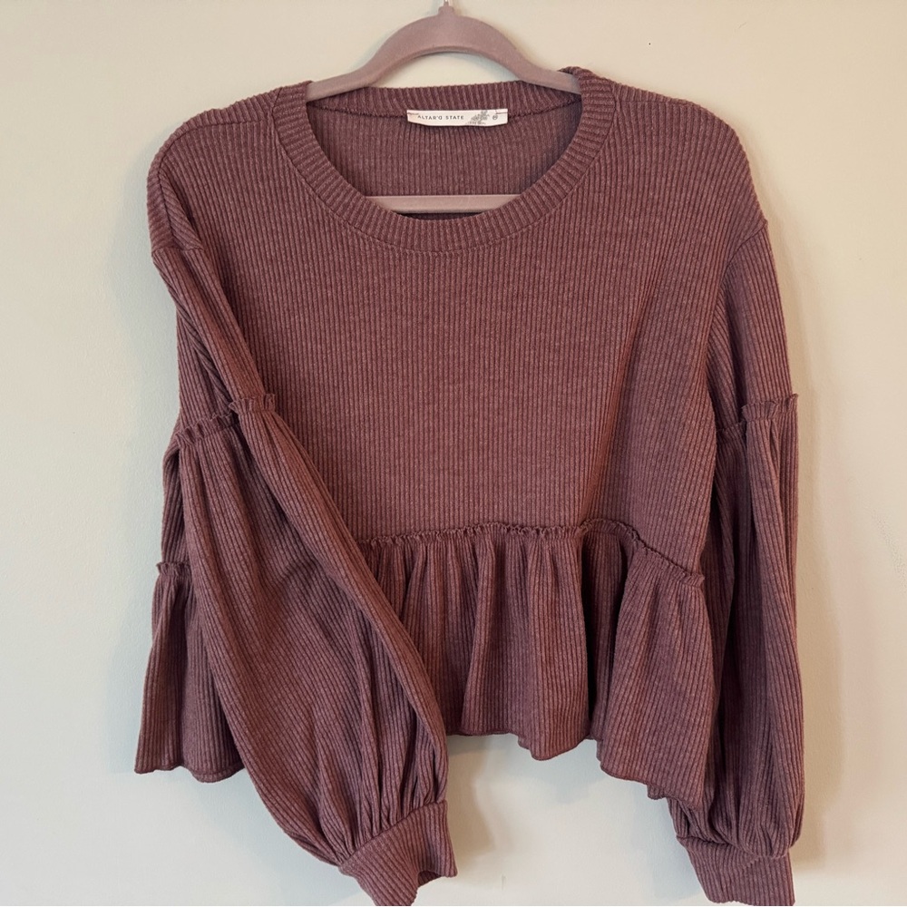 Altar'd State Ribbed Peplum Cropped Sweatshirt - Plum